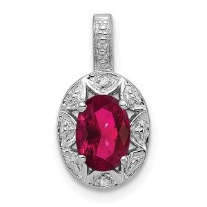 Sterling Silver Diamond & Created Ruby July Birthstone Necklace Charm Pendant